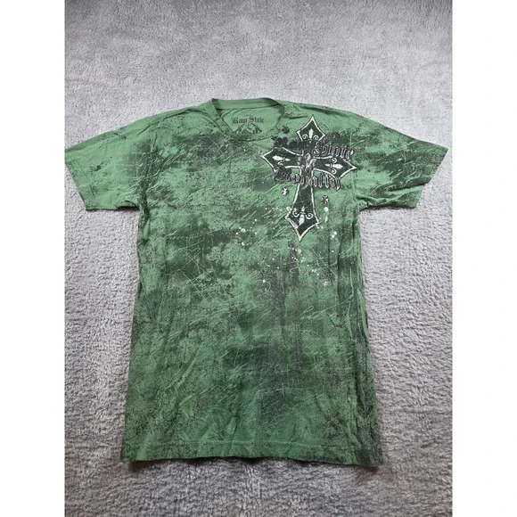 Raw State Mens Large Green Graphic Cross Loyalty Distressed T-Shirt Streetwear - Picture 2 of 8
